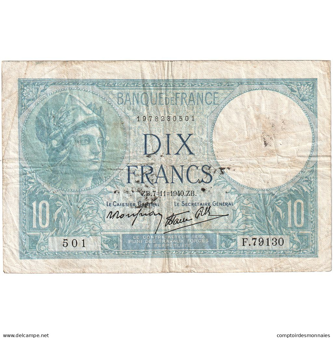 France, 10 Francs, Minerve, 1940, F.79130, TB, Fayette:07.19, KM:84 - 10 F 1916-1942 ''Minerve''