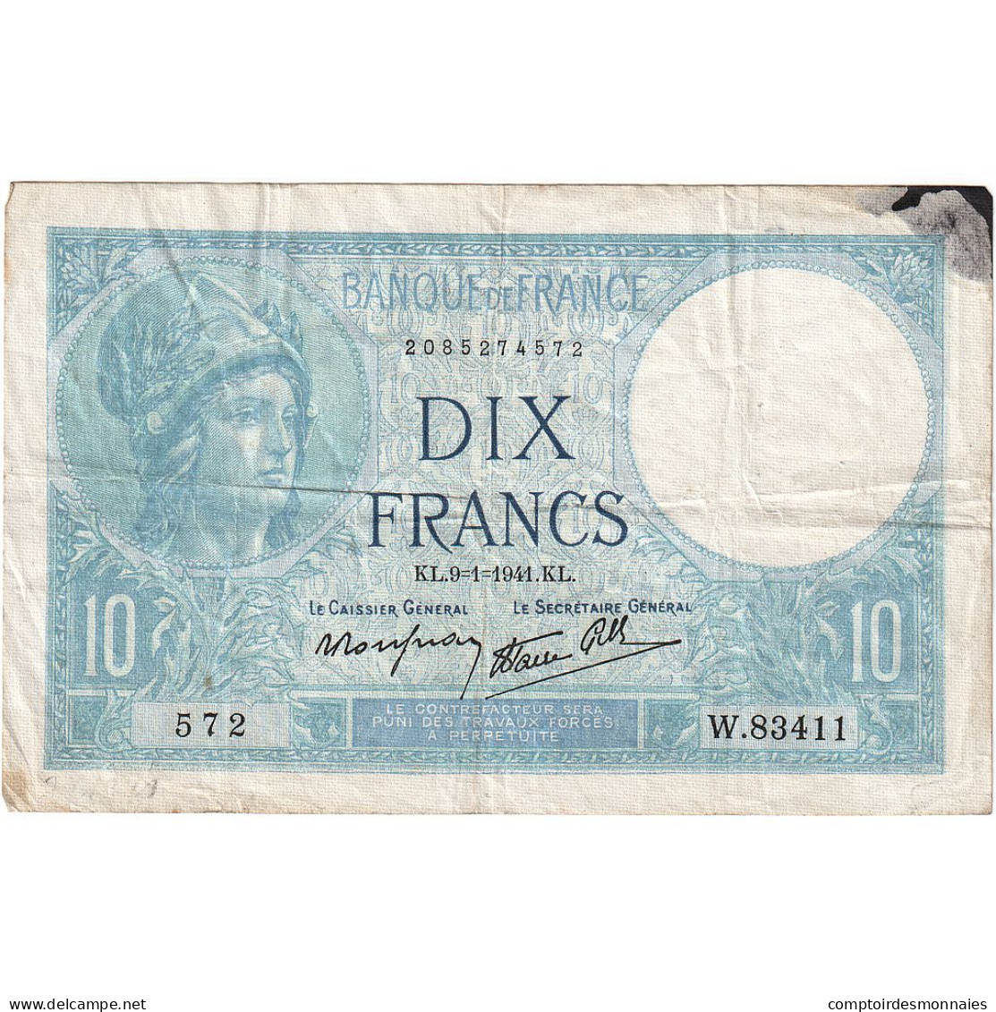 France, 10 Francs, Minerve, 1941, W.83411, TB, Fayette:07.27, KM:84 - 10 F 1916-1942 ''Minerve''