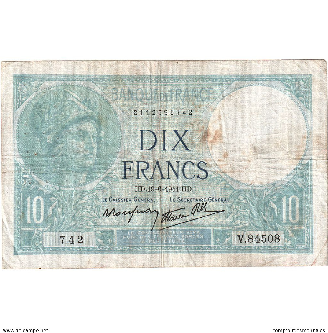 France, 10 Francs, Minerve, 1941, V.84508, TB+, Fayette:07.29, KM:84 - 10 F 1916-1942 ''Minerve''