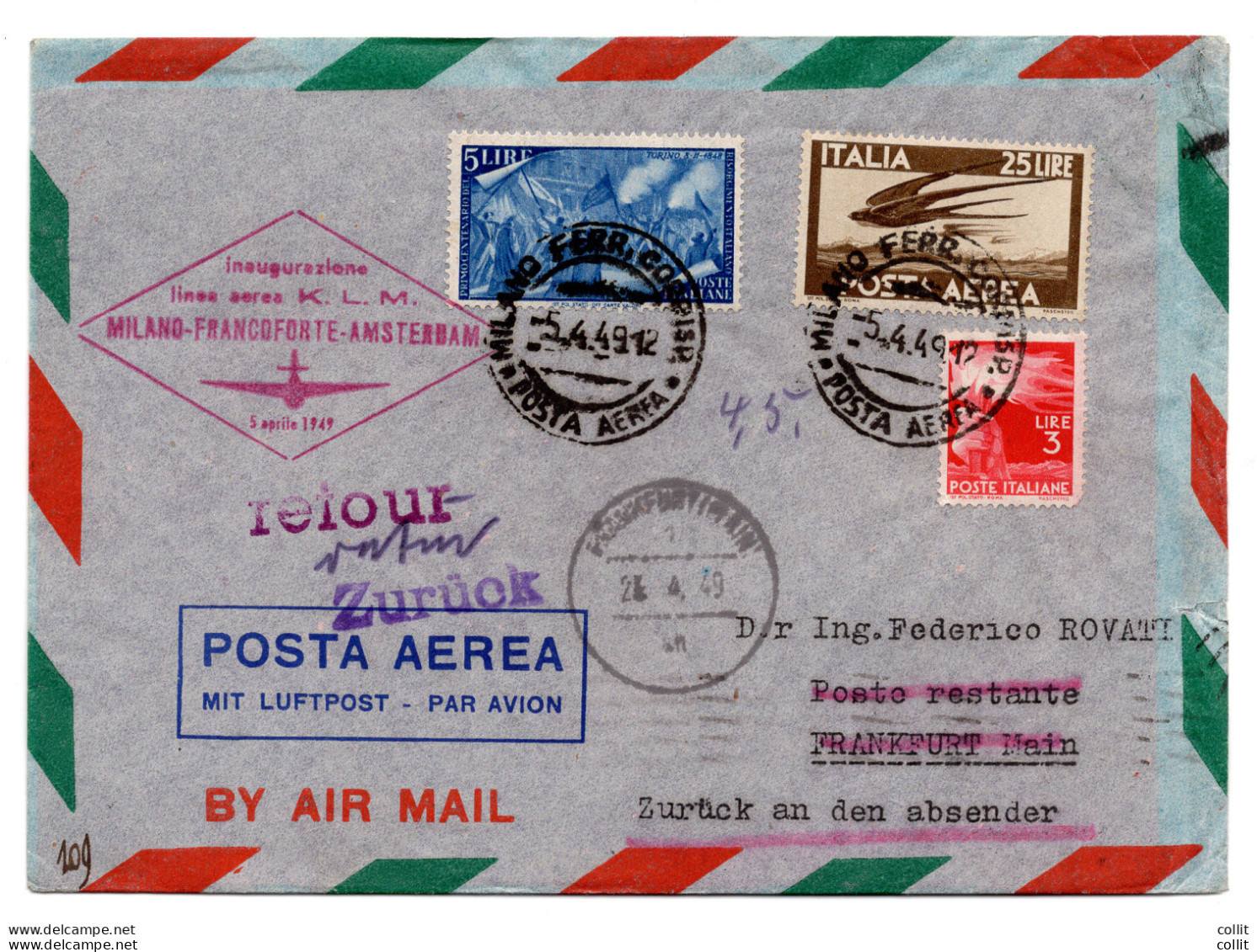 K.L.M. I° Volo Milano/Francoforte Del 5.4.49 - Airmail