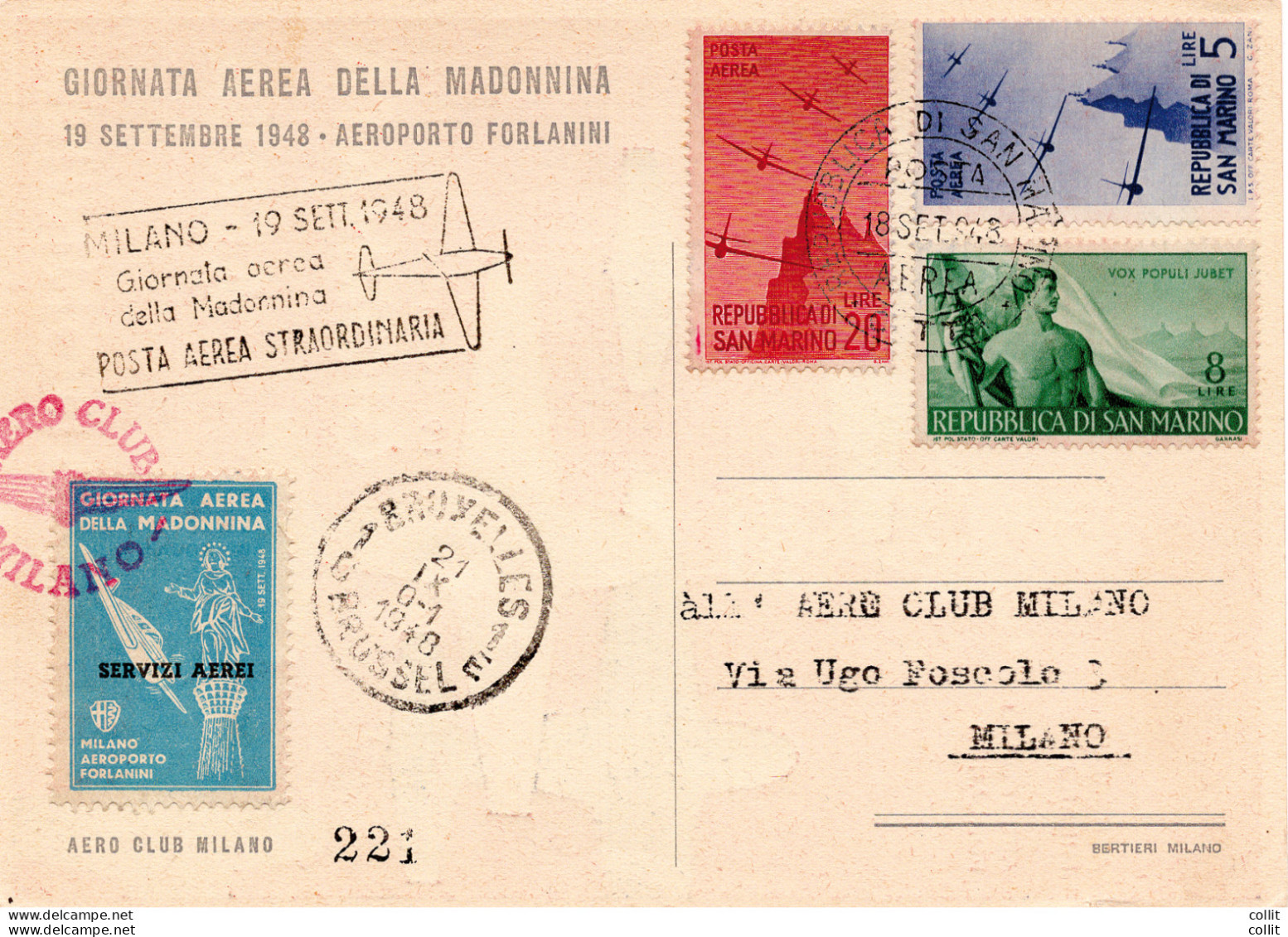 (San Marino) Milano/Roma Del 19.9.48 "Giornata Aerea Della Madonnina" - Luchtpost