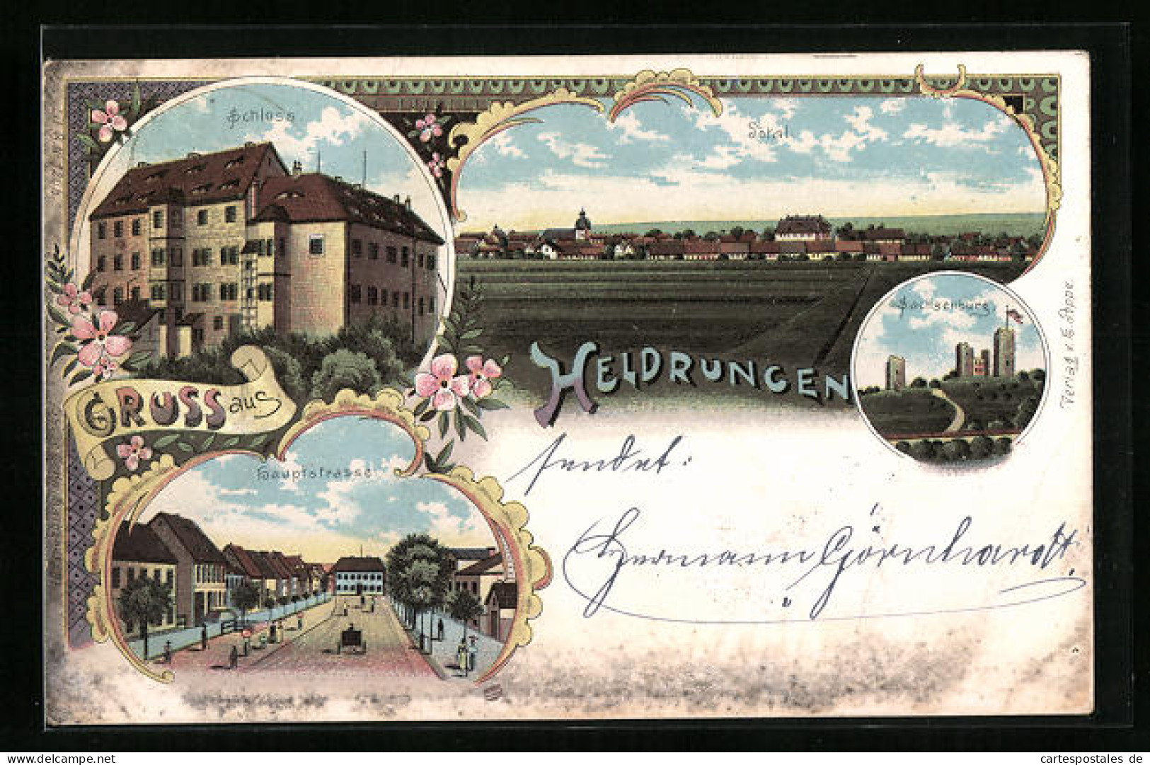 Lithographie Heldrungen, Ortsansicht, Schloss, Sachsenburg Und Partie In Der Hauptstrasse  - Heldrungen