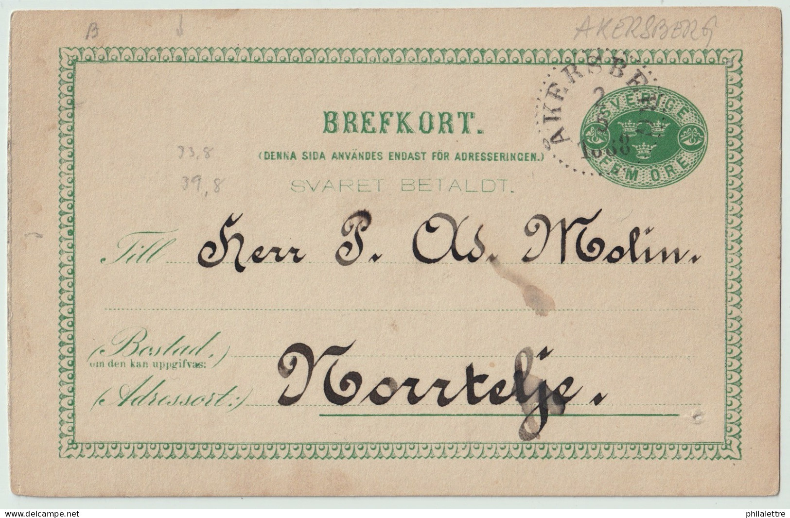 SUÈDE / SWEDEN - 1888 - "ÅKERSBERG" CDS On 5ö Postal Card Mi.P9F Addressed To Norrtelje (Norrtälje) - Brieven En Documenten