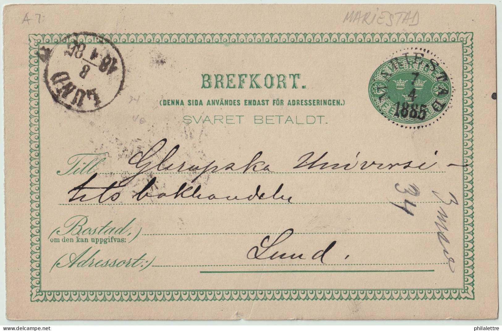 SUÈDE / SWEDEN - 1885 - "MARIESTAD" CDS On 5ö Postal Card Mi.P9F Addressed To Lund - Cartas & Documentos