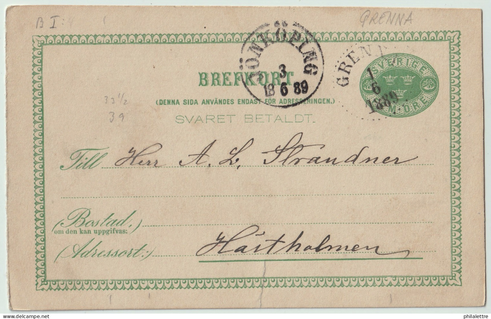 SUÈDE / SWEDEN - 1889 - "GRENNA" (Gränna) CDS On 5ö Postal Card Mi.P9F Addressed To Jönköping - Cartas & Documentos