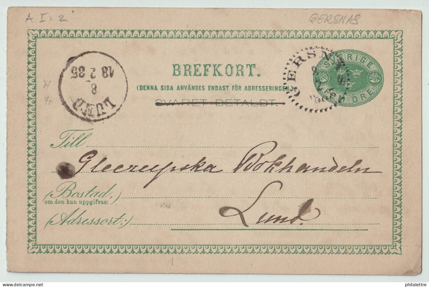 SUÈDE / SWEDEN - 1885 - "GERSNÄS" (GÄRSNÄS) CDS On 5ö Postal Card Mi.P9F Addressed To Lund - Briefe U. Dokumente