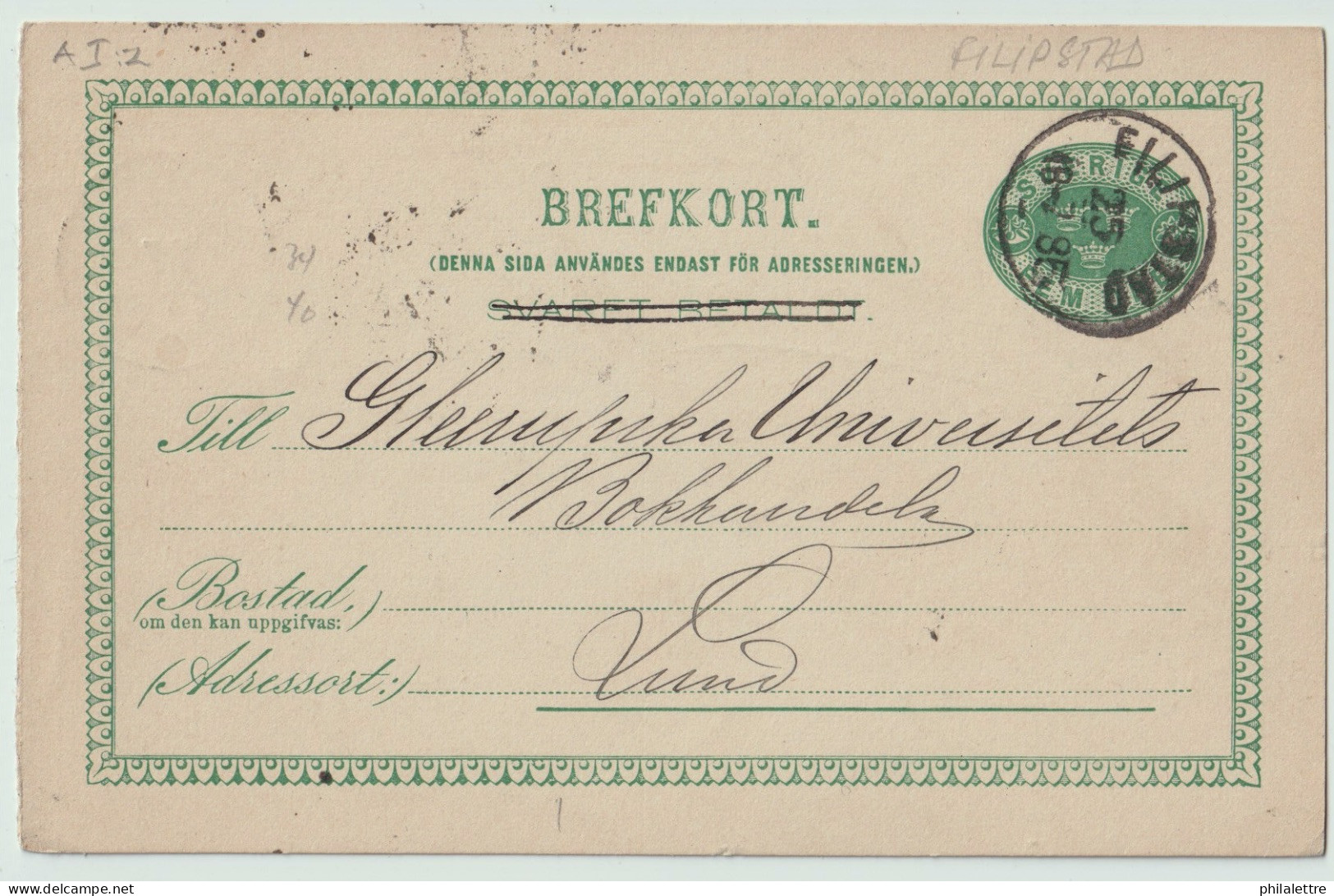 SUÈDE / SWEDEN - 1885 - "FILIPSTAD" CDS On 5ö Postal Card Mi.P9F Addressed To Lund - Briefe U. Dokumente