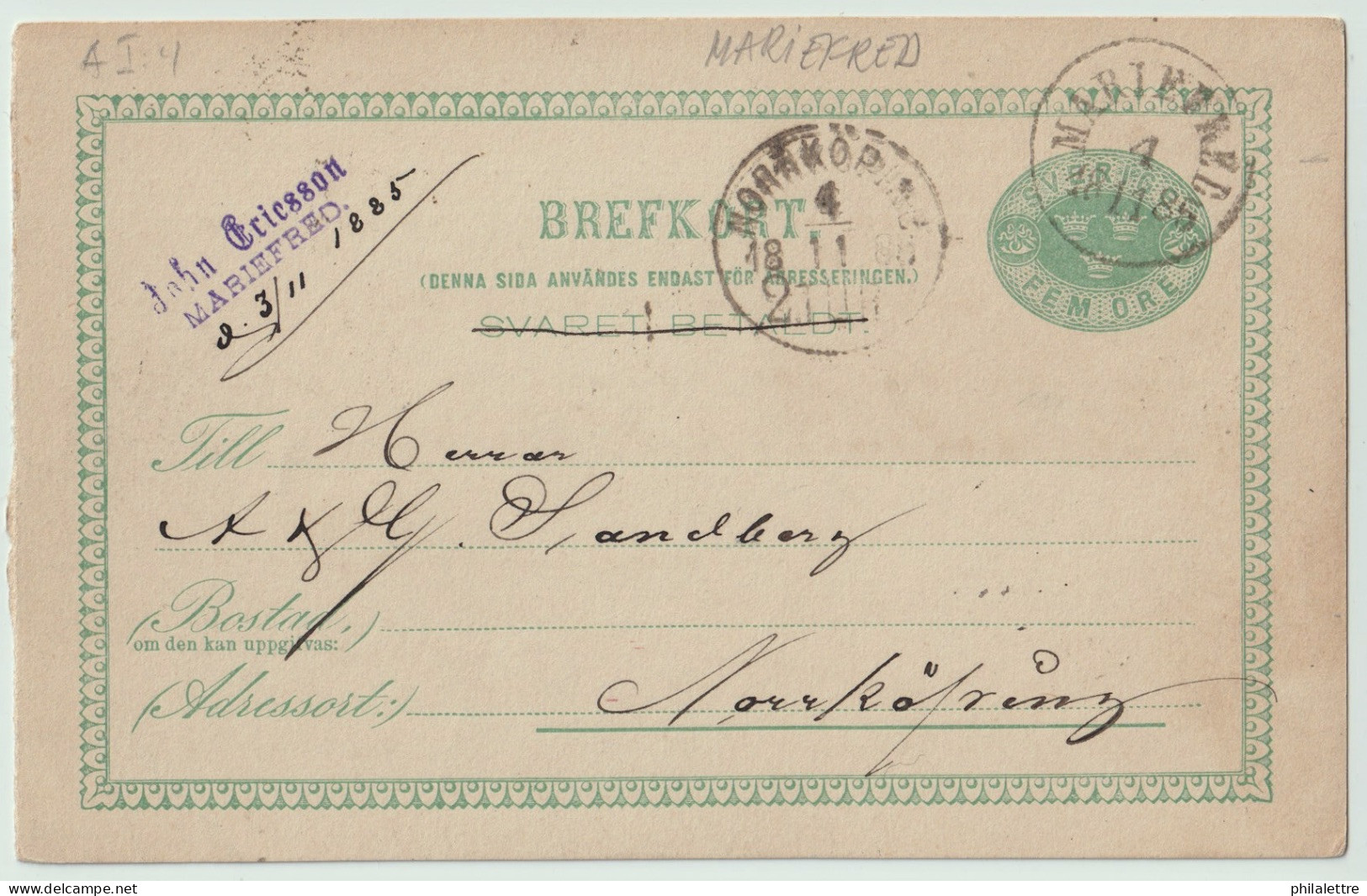 SUÈDE / SWEDEN - 1885 - "MARIEFRED" CDS On 5ö Postal Card Mi.P9F Addressed To Norrköping - Cartas & Documentos