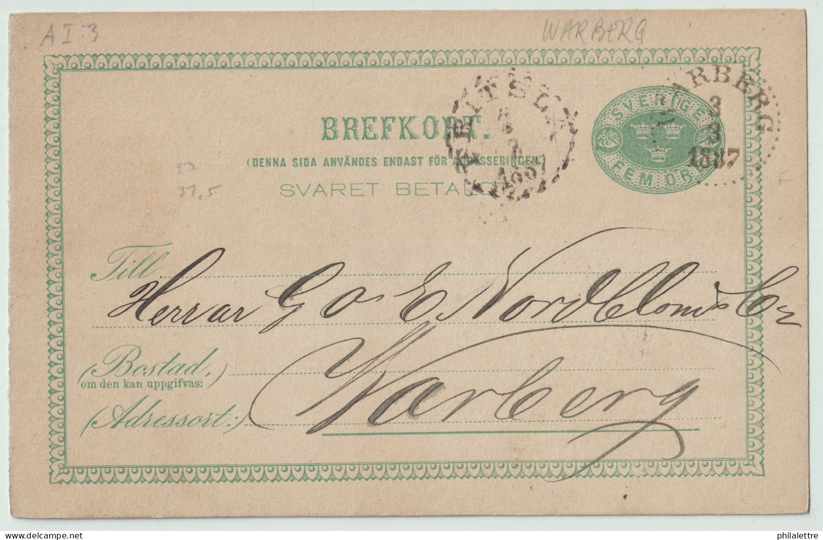 SUÈDE / SWEDEN - 1887 - "FRITSLA" CDS On 5ö Postal Card Mi.P9F Addressed To Warberg - Brieven En Documenten
