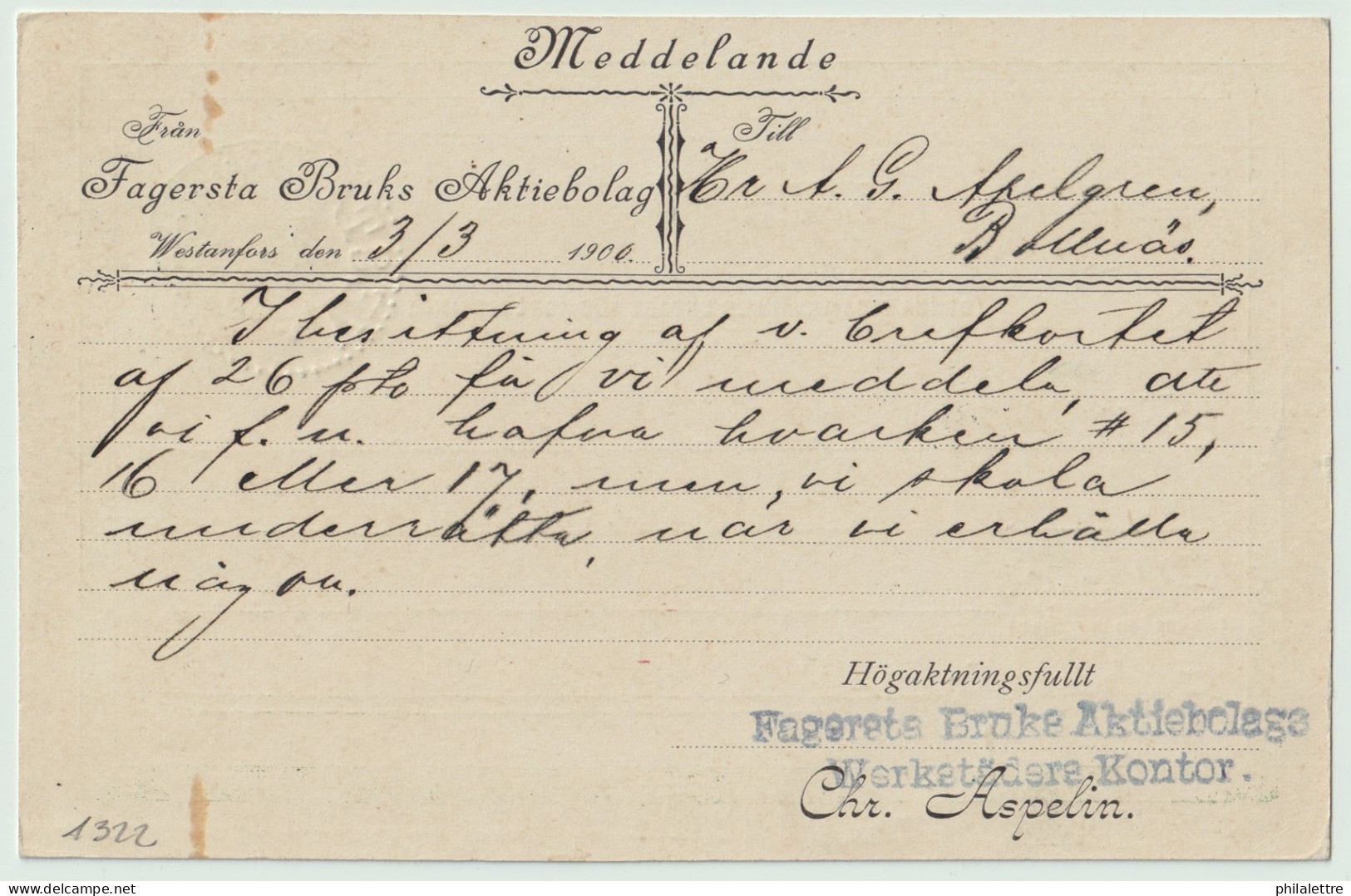 SUÈDE / SWEDEN - 1900 - "VESTANFORS" (Västanfors) CDS On 5ö Postal Card Mi.P17 Addressed To Bollnäs - Briefe U. Dokumente