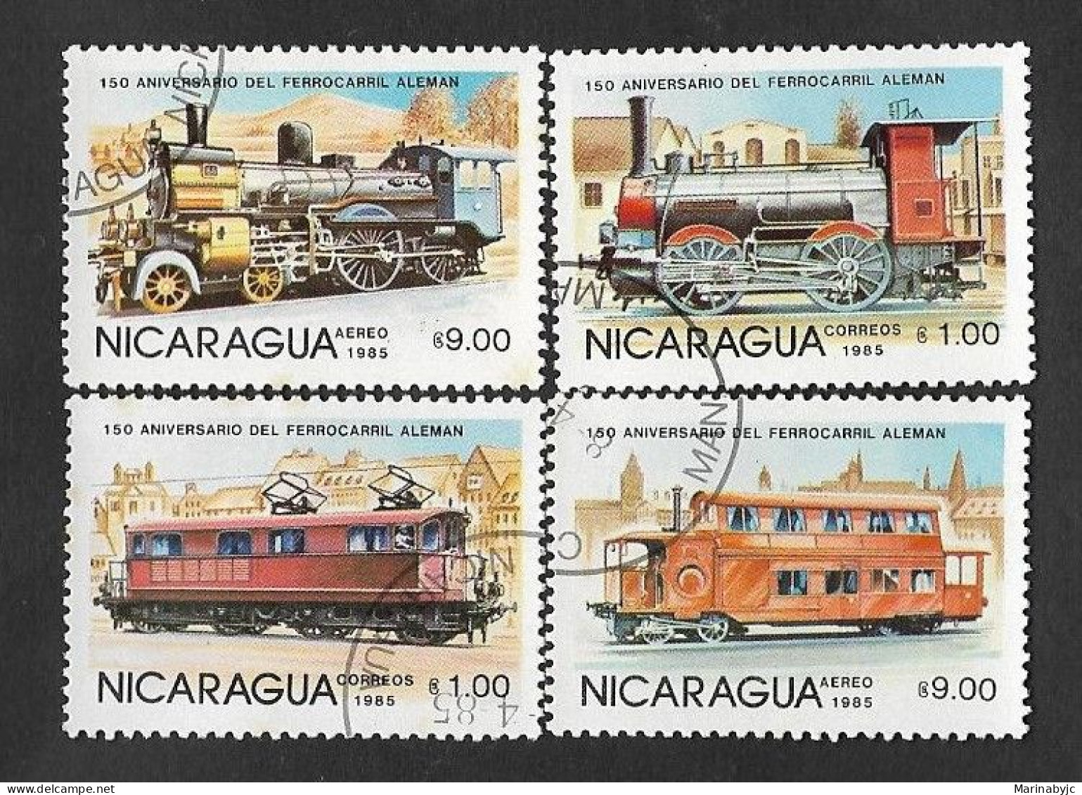 SE)1985 NICARAGUA  150TH ANNIVERSARY OF THE GERMAN RAILWAY, UP CTO TRAINS AND USED DOWN TRAINS - Nicaragua