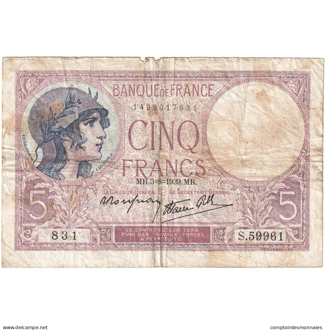 France, 5 Francs, Violet, 1939, S.59961, TB, Fayette:04.04, KM:83 - 5 F 1917-1940 ''Violet''