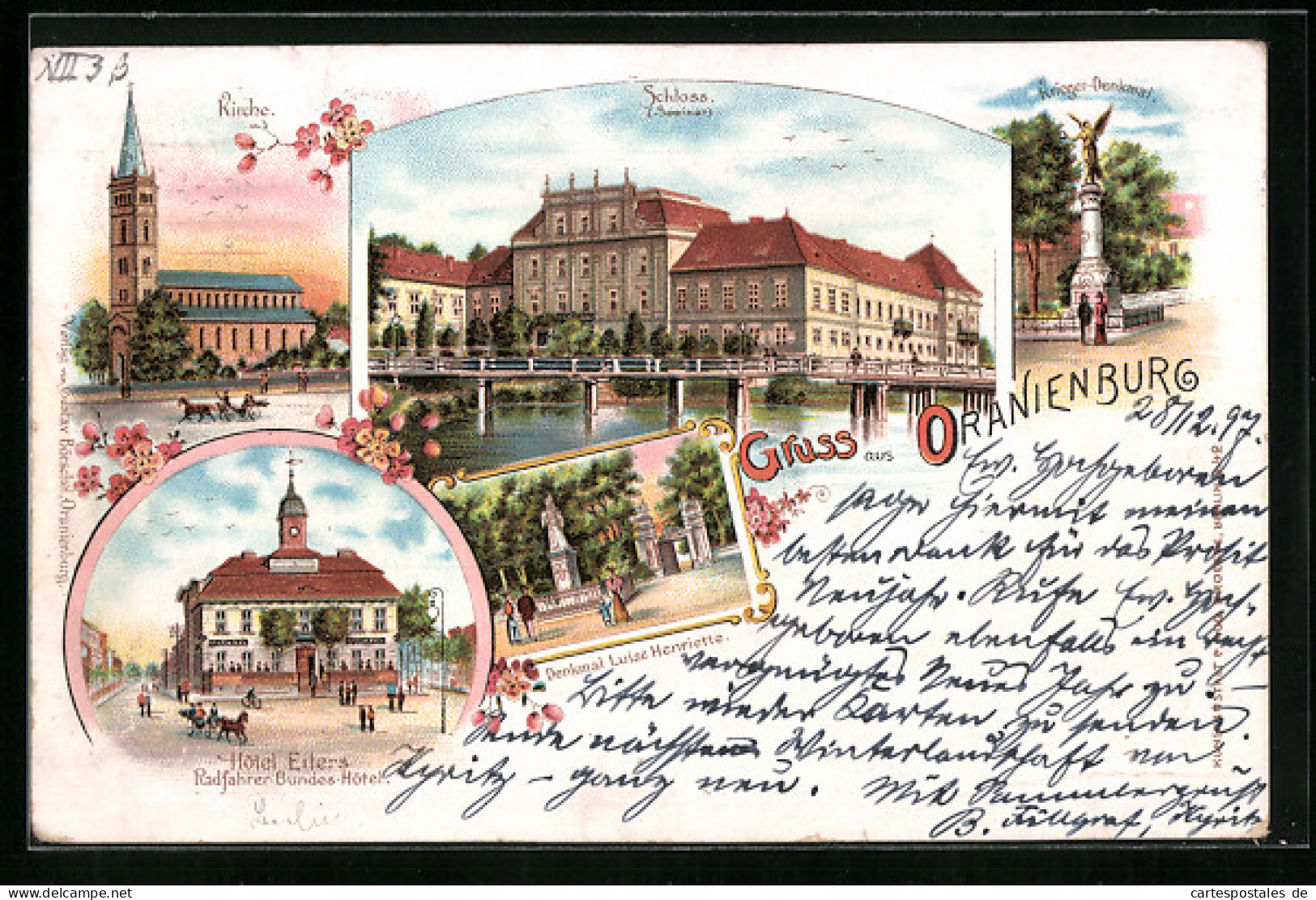 Lithographie Oranienburg, Hotel Eilers, Radfahrer-Bundes-Hotel, Schloss, Kirche  - Oranienburg