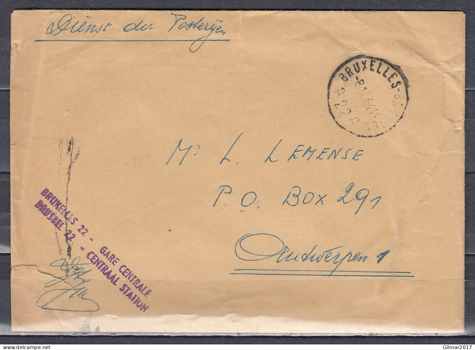 Brief Van Bruxeles-Brussel A22A Naar Antwerpen Met Langstempel Bruxellles 22 Gare Centrale - Linear Postmarks