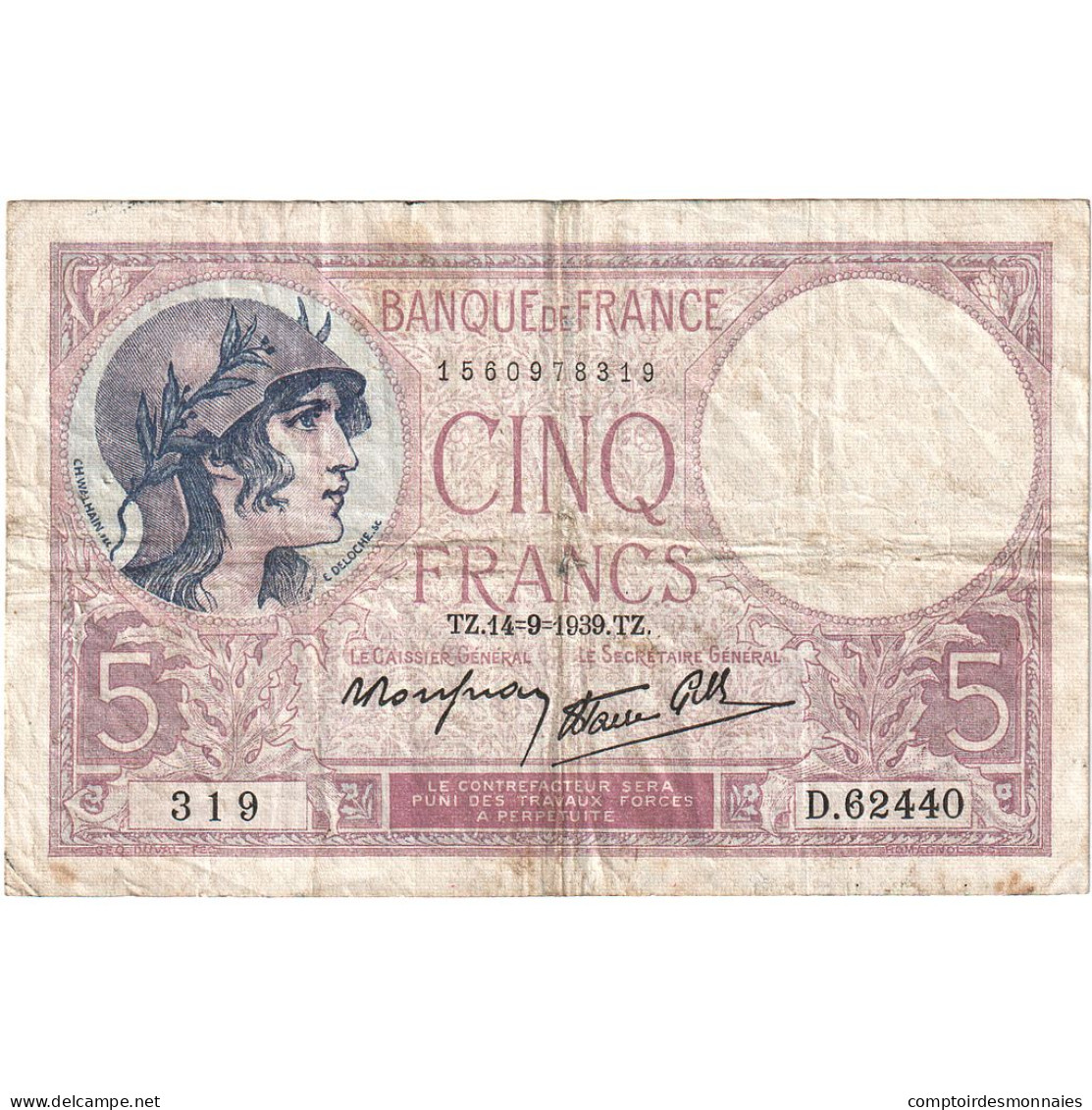 France, 5 Francs, Violet, 1939, D.62440, TB, Fayette:04.08, KM:83 - 5 F 1917-1940 ''Violet''