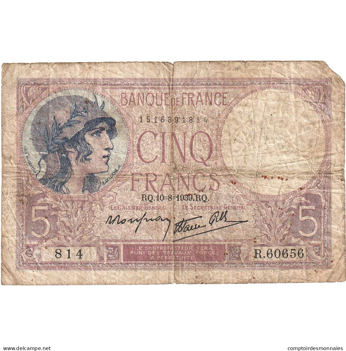France, 5 Francs, Violet, 1939, R.60656, B, Fayette:04.05, KM:83 - 5 F 1917-1940 ''Violet''