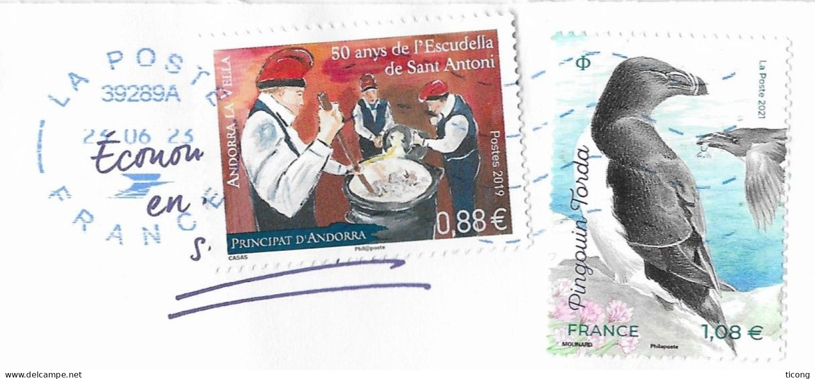 LETTRE DE 2023, TIMBRES D ANDORRE L ESCUDELLA DE SANT ANTONI, FRANCE LE PINGOUIN TORDA, FLAMME NEOPOST 2021, A VOIR - Briefe U. Dokumente