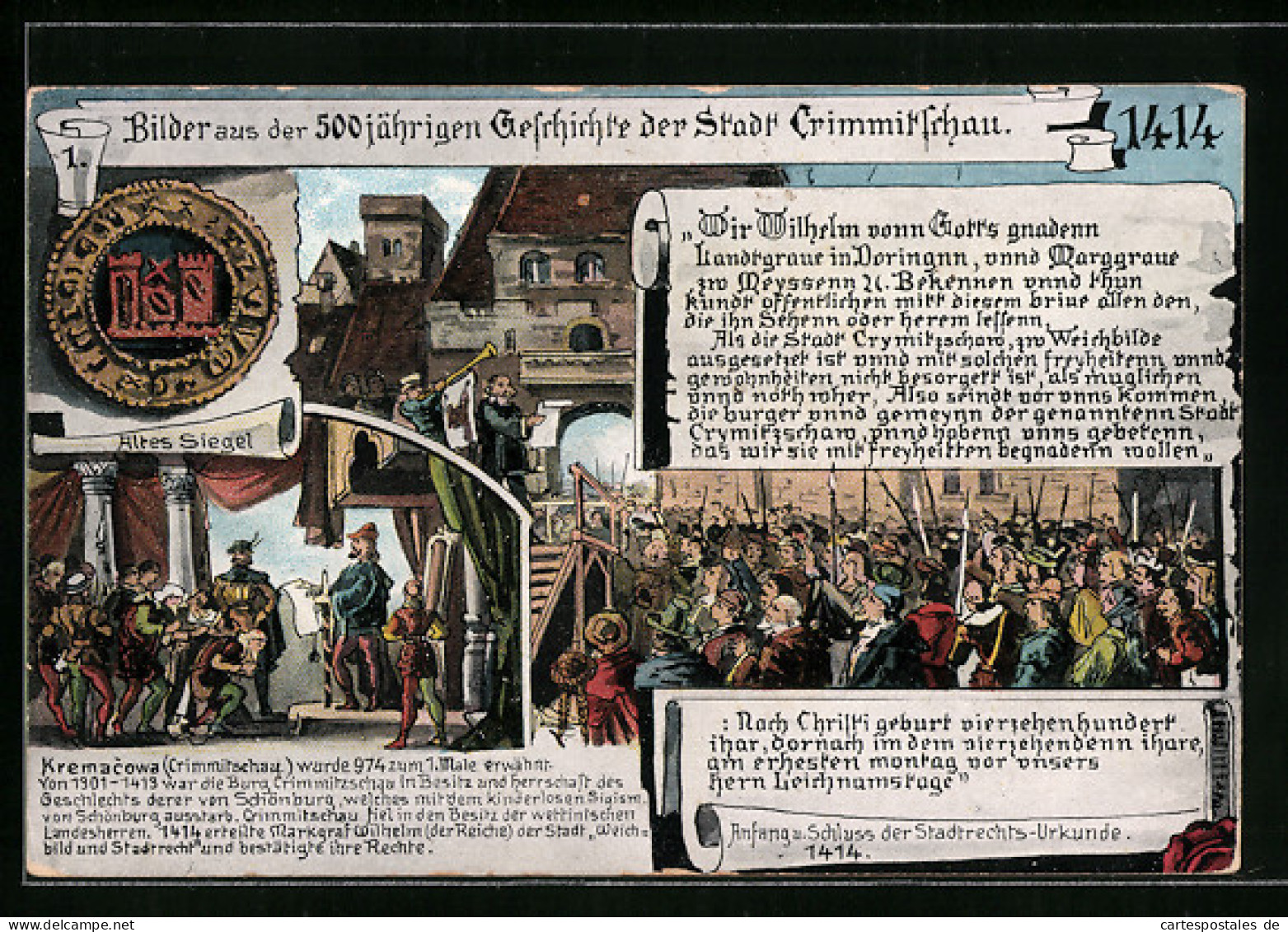 Künstler-AK Crimmitschau, Bilder Aus Der 500 Jährigen Geschichte Der Stadt, Alts Siegel, Stadtrechts-Urkunde 1414  - Crimmitschau