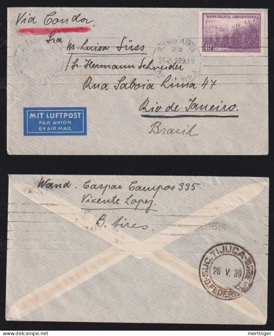 Argentina 1939 CONDOR Airmail Cover To RIO DE JANEIRO TIJUCA Brasil - Covers & Documents