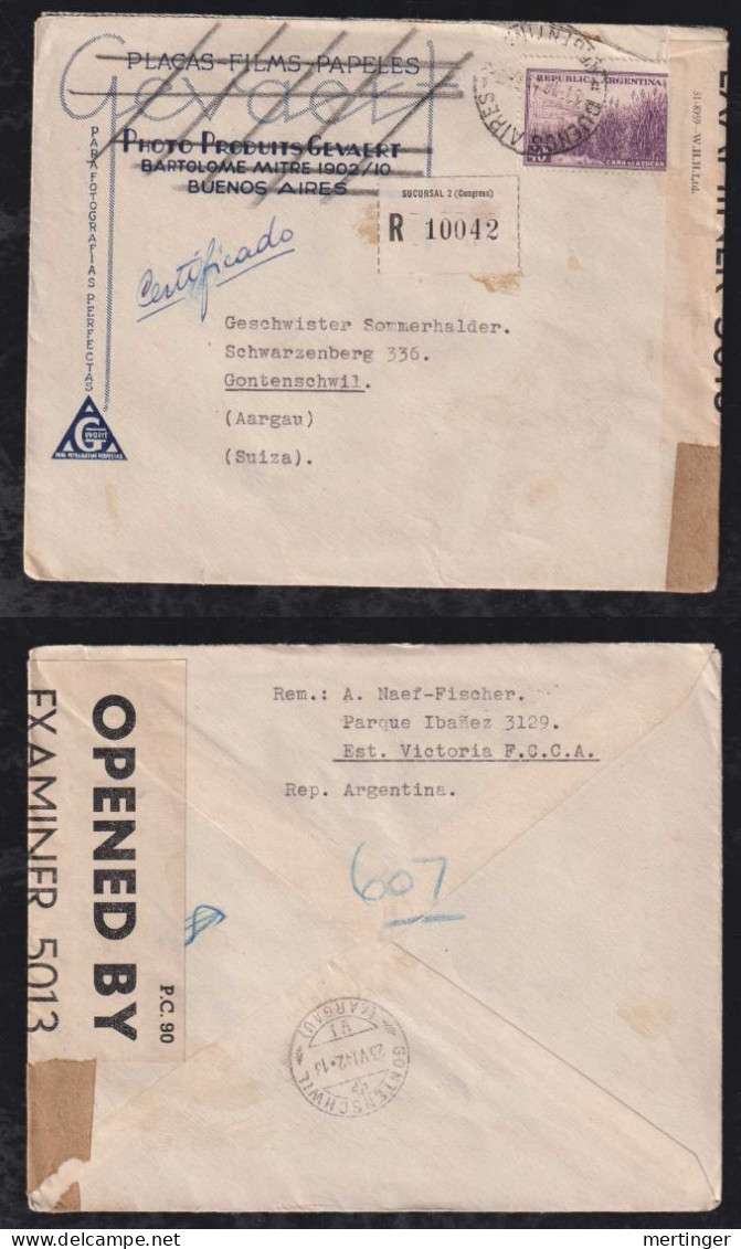 Argentina 1942 Censor Registered Cover BUENOS AIRES X GONTENSCHWIL Switzerland - Storia Postale