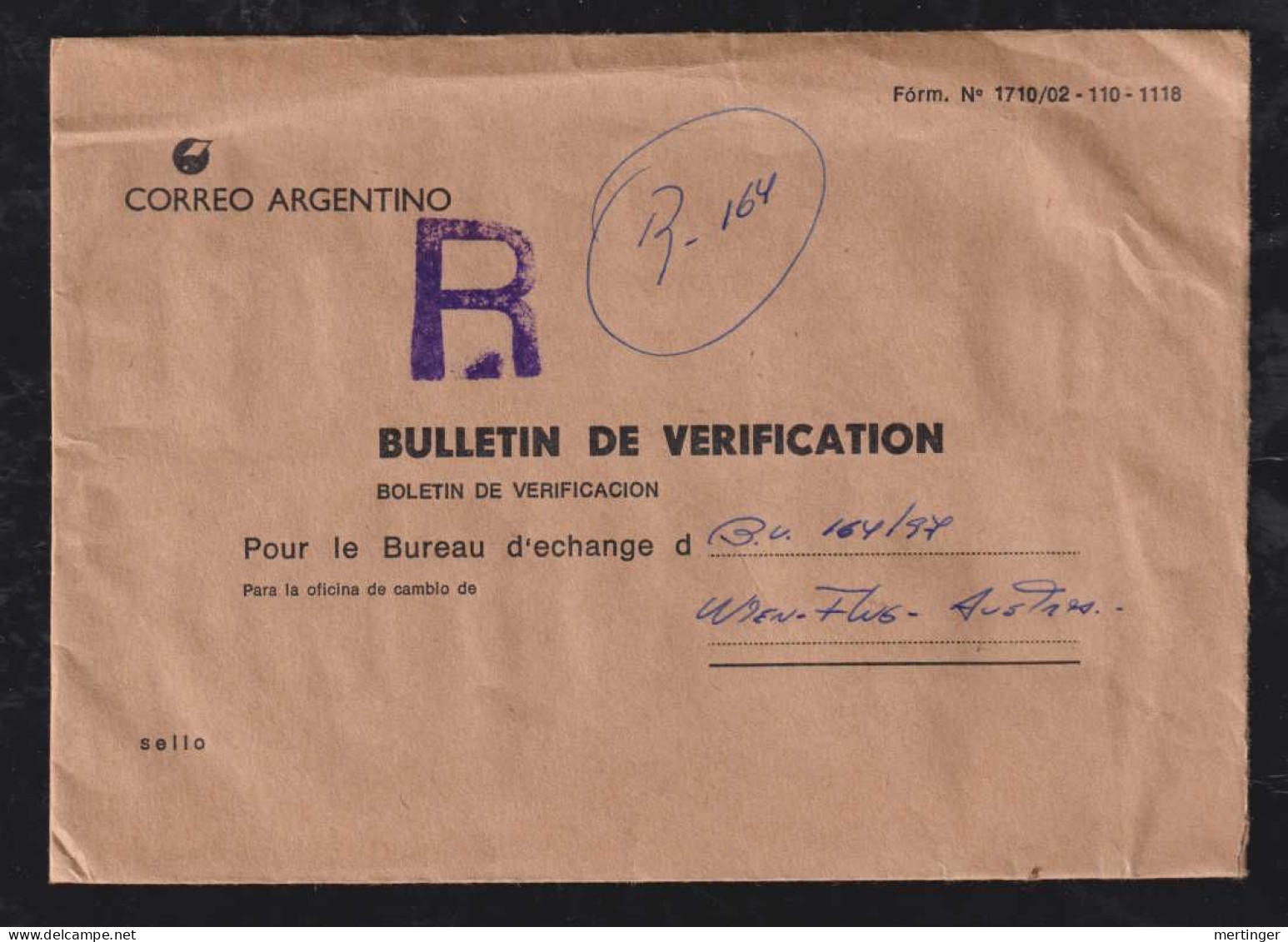 Argentina Ca 1990 Registered BULLETIN DE VERIFICATION Correo Argentina X VIENNA Austria - Storia Postale