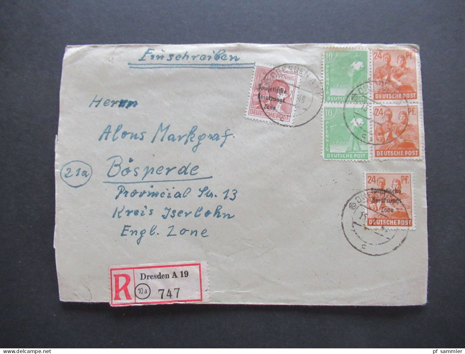 15.7.1948 SBZ MiF Marken Mit Aufdruck Und Kontrollrat Einschreiben Dresden A 19 - Bösperde Westfalen Mit Ank. Stempel - Covers & Documents