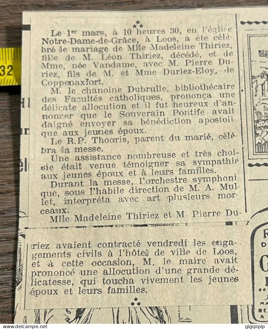 1930 GHI10 MARIAGE DE Madeleine Thiriez AVEC Pierre Duriez , Notre-Dame-de-Grâce, à Loos - Collections