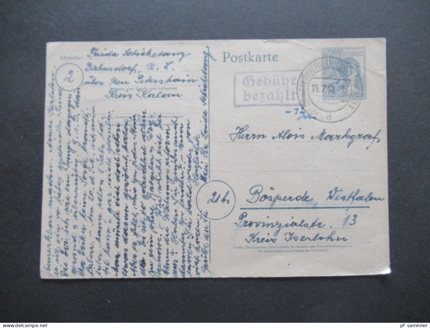 15.7.1948 SBZ / Kontrollrat GA Porto Handschriftlich Und Stempel Gebühr Gezahlt Tagesstempel Senftenberg Geschr. In Bahn - Brieven En Documenten