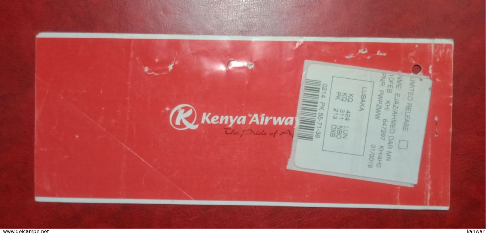2008 KENYA AIRWAYS AIRLINES PASSENGER TICKET AND BAGGAGE CHECK - Tickets