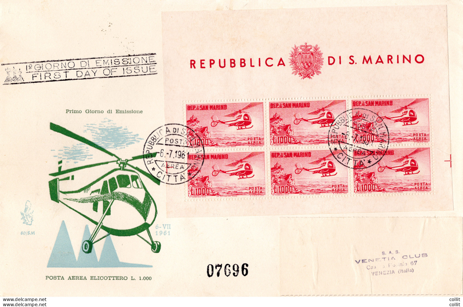 San Marino - Elicottero Foglietto Su FDC Venezia - FDC