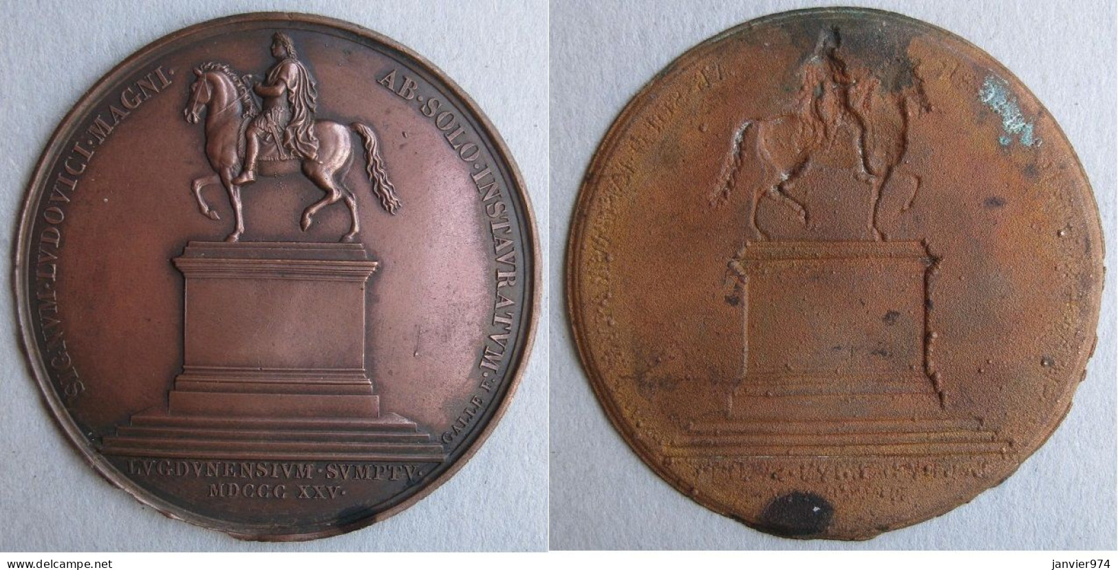 Médaille En Cuivre Rétablissement De La Statue équestre De Louis XIV à Lyon 1825 Par Galle André - Adel