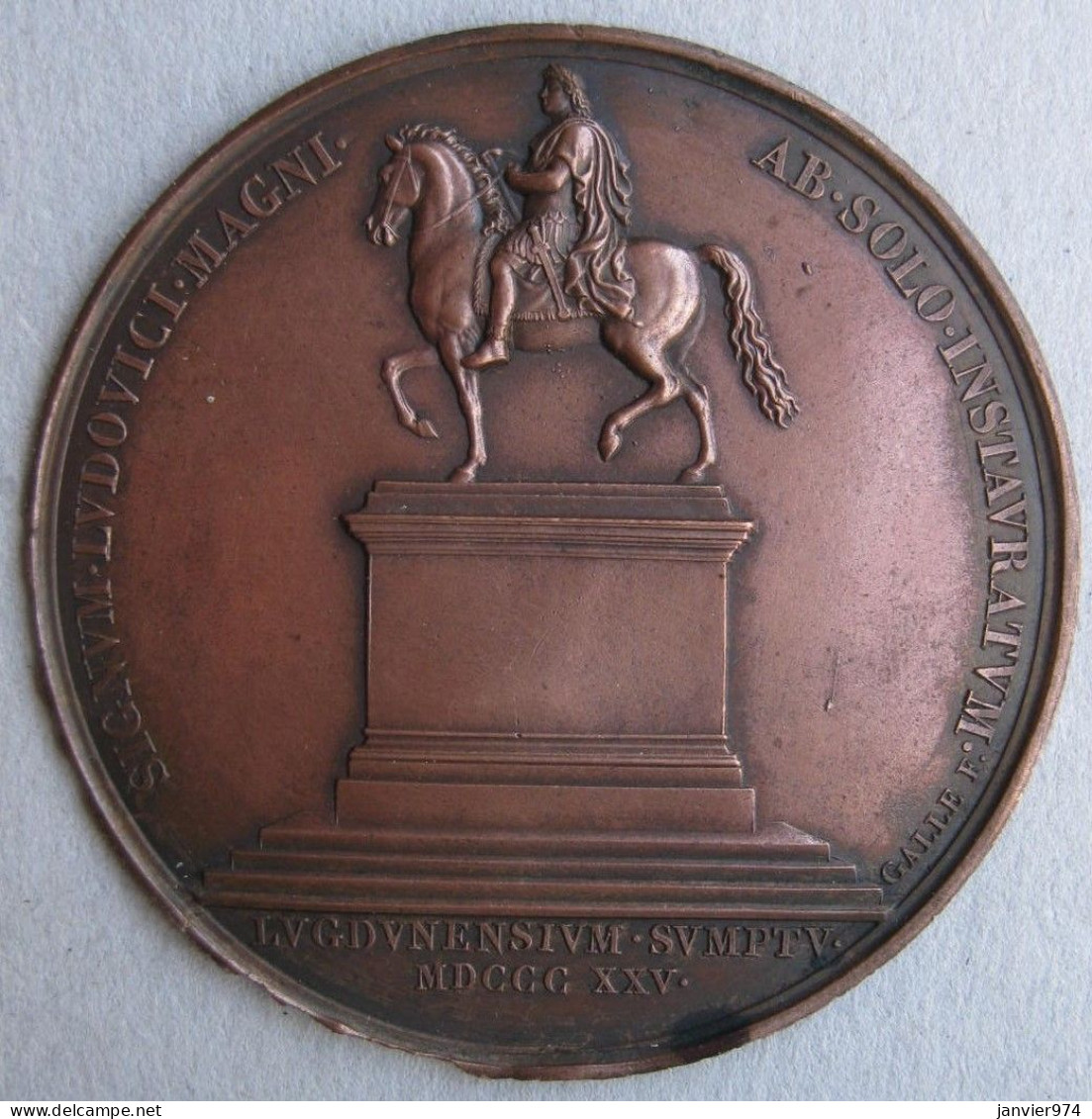 Médaille En Cuivre Rétablissement De La Statue équestre De Louis XIV à Lyon 1825 Par Galle André - Royal / Of Nobility