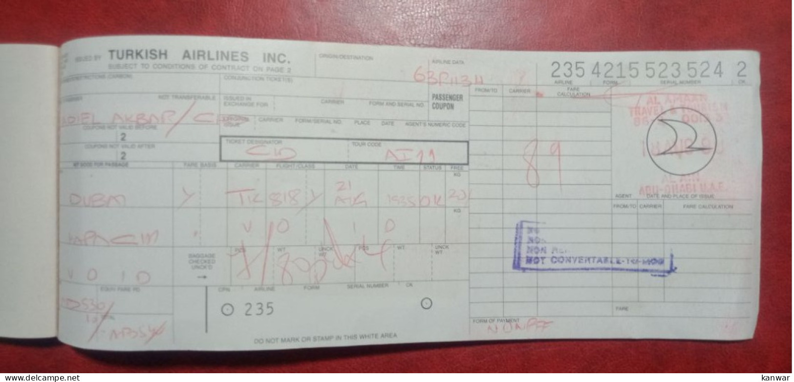 1990 TURKISH AIRLINES PASSENGER TICKET AND BAGGAGE CHECK - Billetes