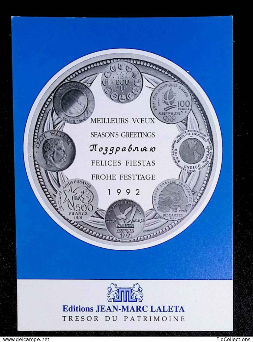 Cp, Représentation De Monnaies, Publicité, Editions Jean Marc Laleta, Trésor Du Patrimoine, Meilleurs Vœux 1992 - Coins (pictures)