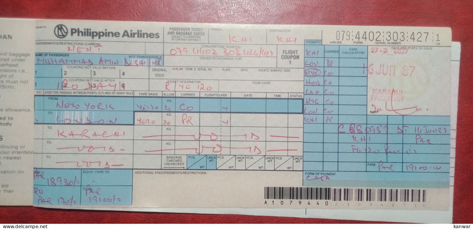 2007 PHILIPPINE AIRLINES PASSENGER TICKET AND BAGGAGE CHECK - Billetes
