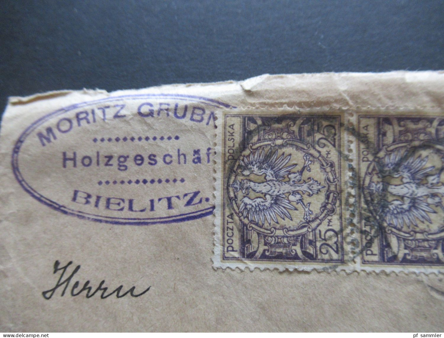 Polen 1921 Freimarken Nr.171 (4) MeF Senkrechter 4er Streifen Firmenstempel Moritz Grubner Holzgeschäft Bielitz - Brieven En Documenten