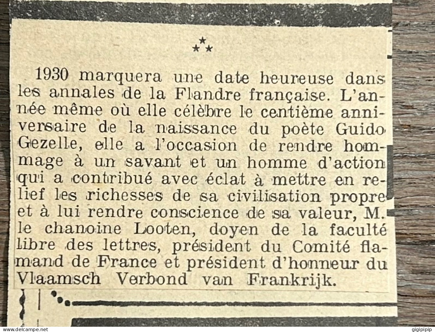 1930 GHI11 CHANOINE LOOTEN Président D'honneur Du Vlaamsch Verbond Van Frankrijk. - Collections