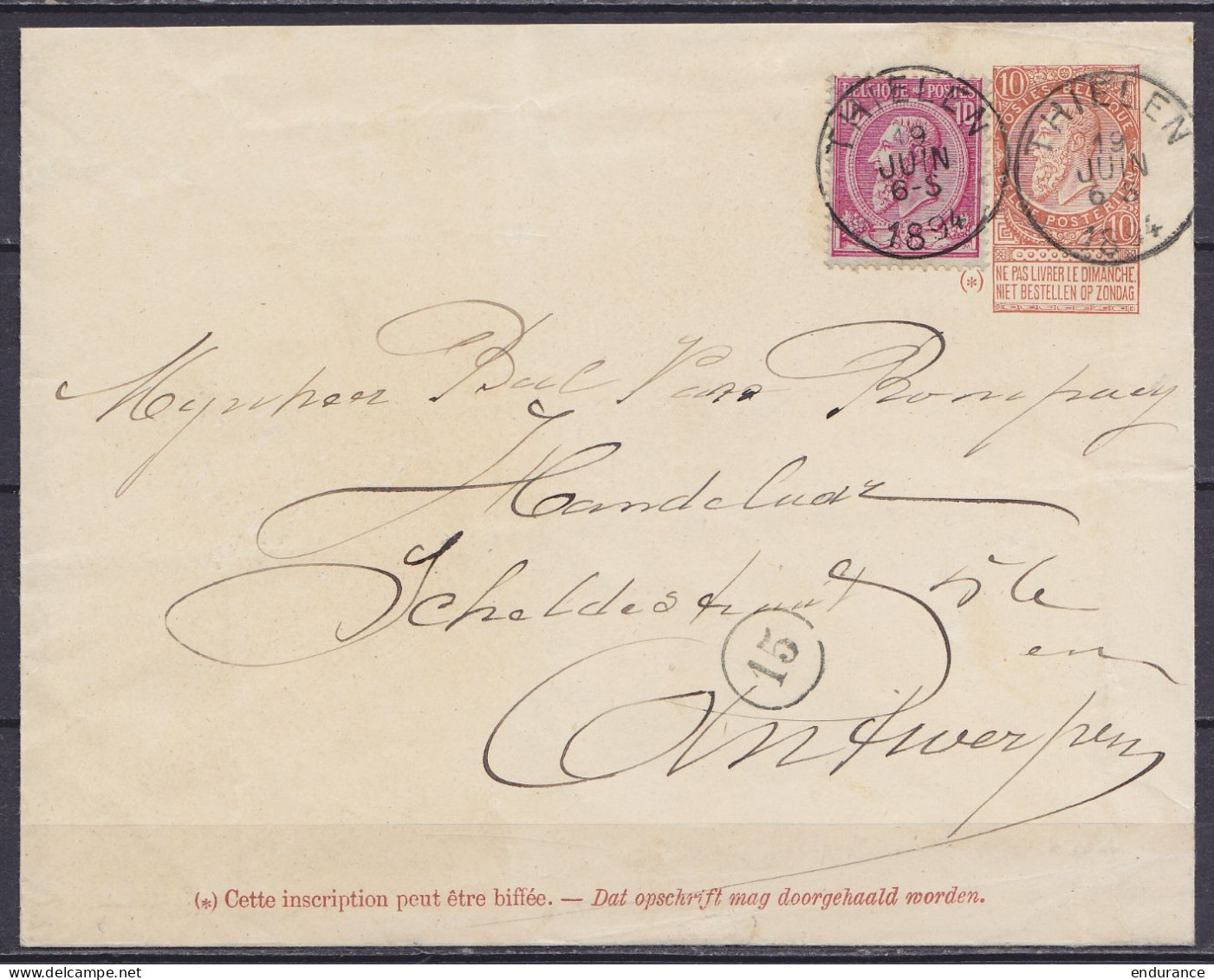EP Enveloppe 10c (N°57) + N°46 Càd THIELEN /19 JUIN 1894 Pour ANTWERPEN (au Dos: Càd ANVERS) - Enveloppes