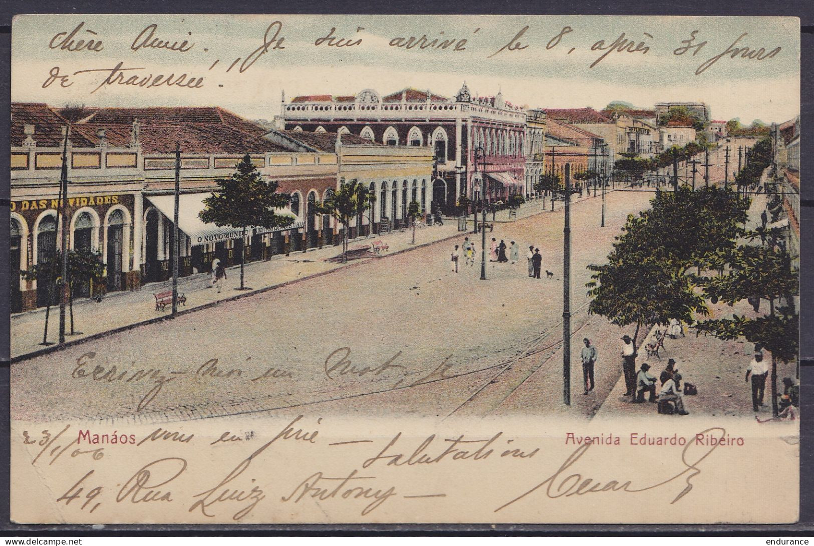 Brésil - CP Manaos Affr. 100r Pour PARIS "via Lisboa" Càd Italien Cercle-carré "GENOVA /13-2-1898/ DISTRIBUZIONE" - Storia Postale
