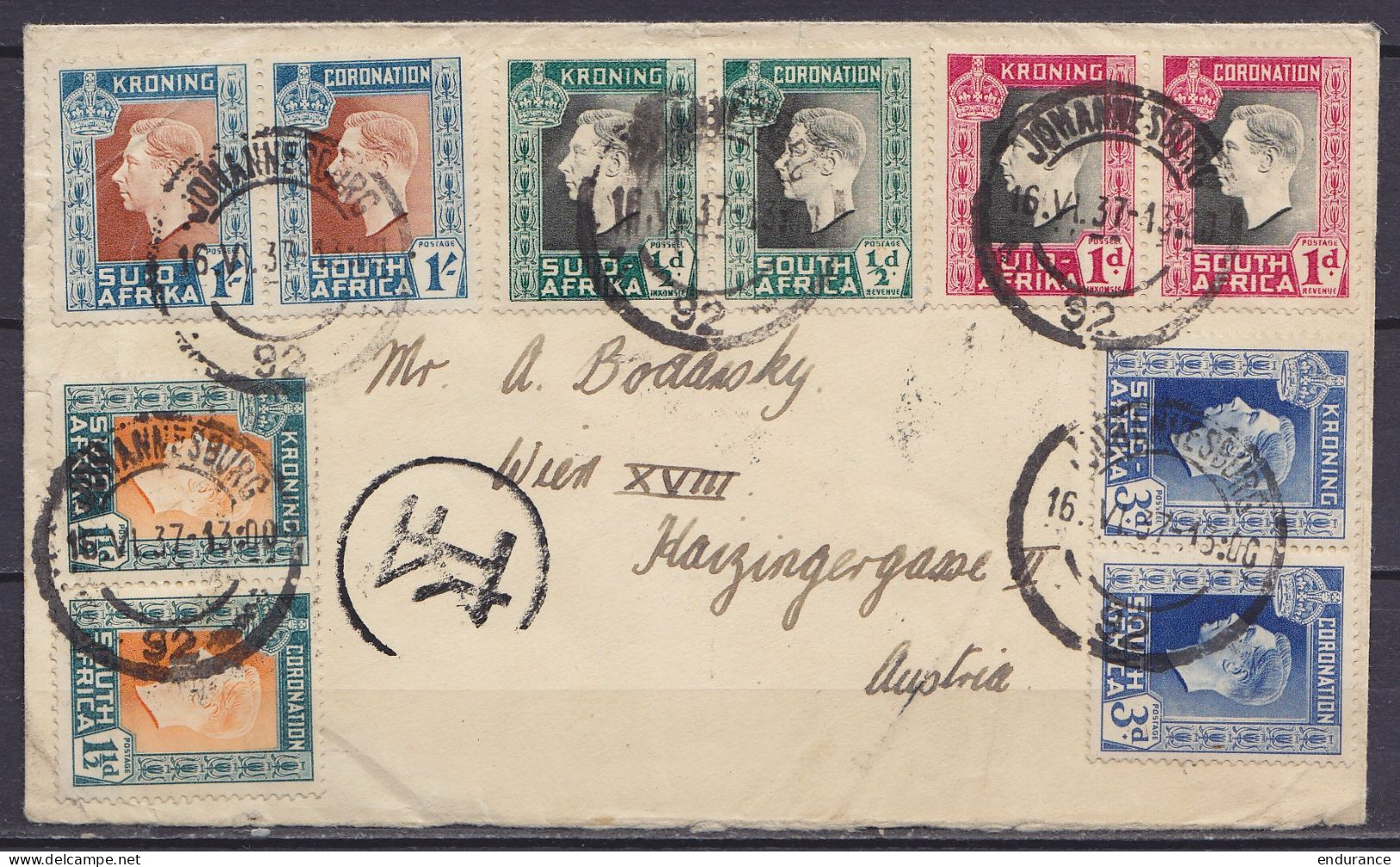 Afrique Du Sud - L. Par Avion Affr. 2/- +12d Càd JOHANNESBURG /16.VI.1937 Pour WIEN Austria (au Dos: Càd ATHENES /POSTE  - Storia Postale