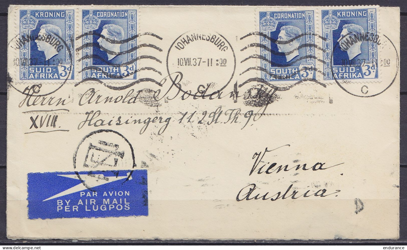 Afrique Du Sud - L. Par Avion Affr. 4x 3d Flam. JOHANNESBURG /10.VII.1937 Pour VIENNA (Vienne Autriche) (au Dos: Flam. A - Lettres & Documents