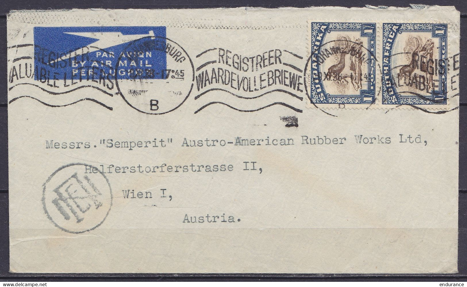 Afrique Du Sud - L. Par Avion Affr. 2x 1/- Flam. JOHANNESBURG /-9.XI.1938 Pour WIEN Austria (au Dos: Flam. ATHENES /14 I - Covers & Documents