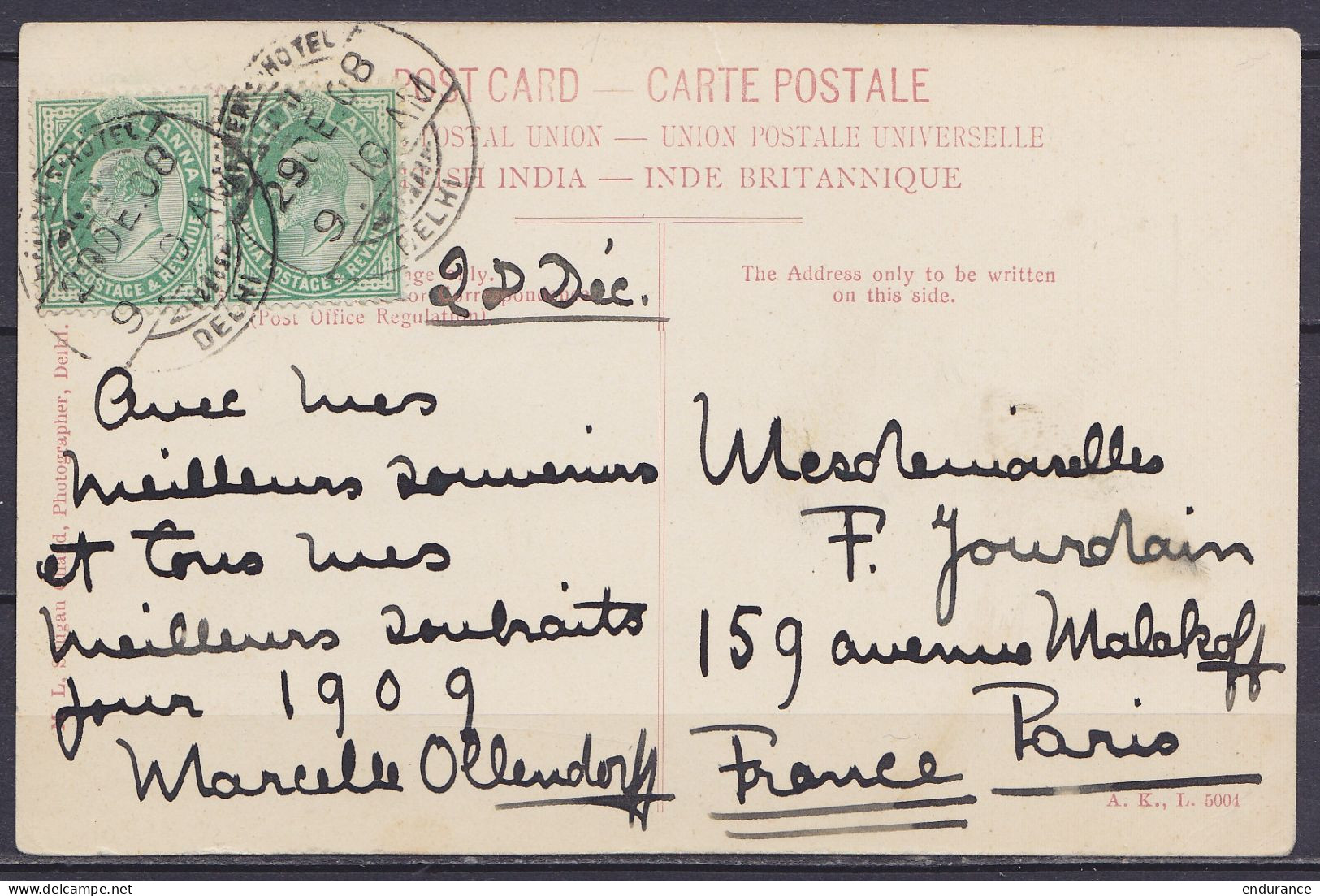 Inde - CP Delhi Dewan I Khas Affr. 1a Càpt Hôtel "MAIDENS HOTEL /29 DE 1908/ DELHI Pour PARIS (carte De Vœux) - 1902-11 Roi Edouard VII