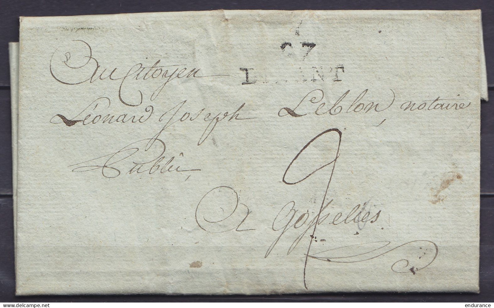 L. Datée 5 Frimaire An 10 De ONHAYE Pour GOSSELIES - Griffe "97/ DINANT" - Port "2" - 1794-1814 (Periodo Francese)