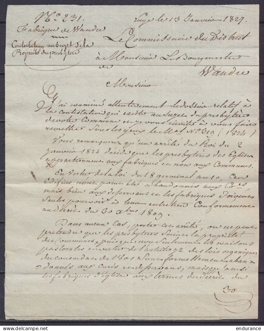 L. Datée 13 Janvier 1827 Du Commissaire De District De LIEGE Pour Bourgmestre De WANDRE - Voir Texte - 1815-1830 (Periodo Olandese)