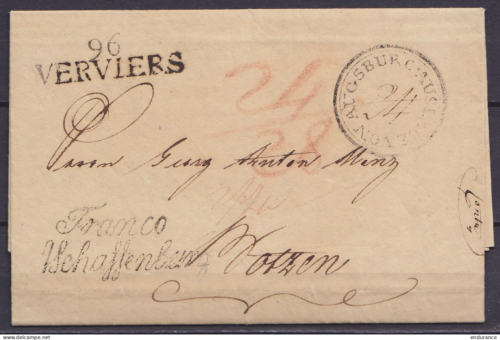 L. Datée 25 Août 1817 De FRANCOMONT Pour BOTZEN - Griffe "96/ VERVIERS" & Cursive "Franco / Aschaffenburg"  & Cachet De  - 1815-1830 (Dutch Period)