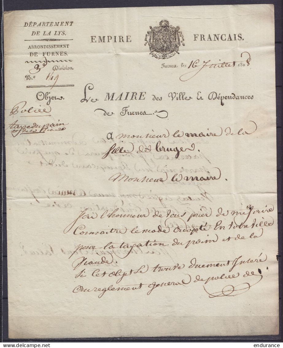 L. Datée 16 Juillet 1808 Du Maire De FURNES Pour BRUGES - Griffe "9I/ FURNES" - Texte Concernant La Taxation Du Pain Et  - 1794-1814 (Periodo Frances)