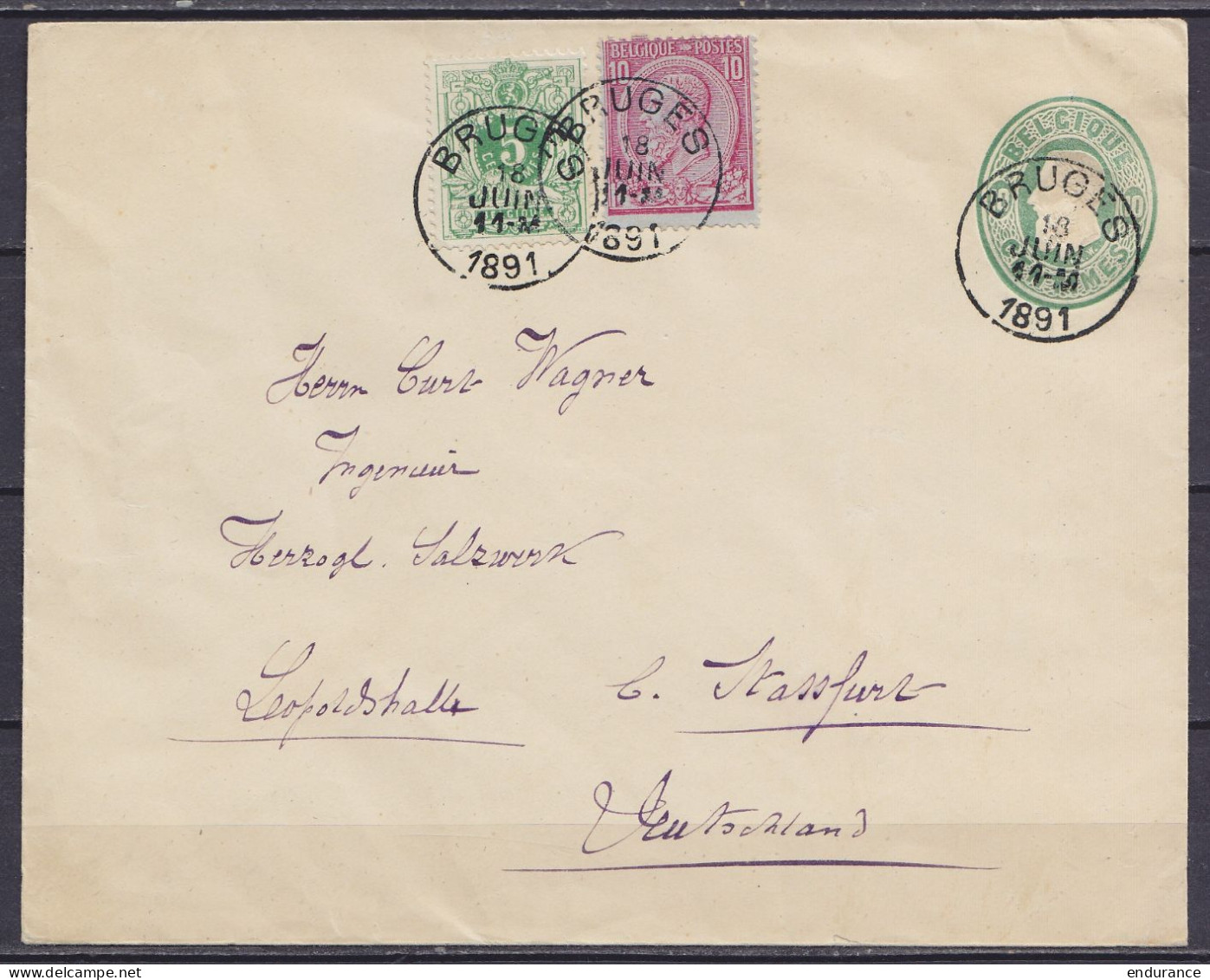 EP Lettre 10c Vert Oval + N°46+45 Càd BRUGES /18 JUIN 1891 Pour LEOPOLDSHALLE B. STASSFURT (au Dos: Càd Arrivée STASSFUR - Covers