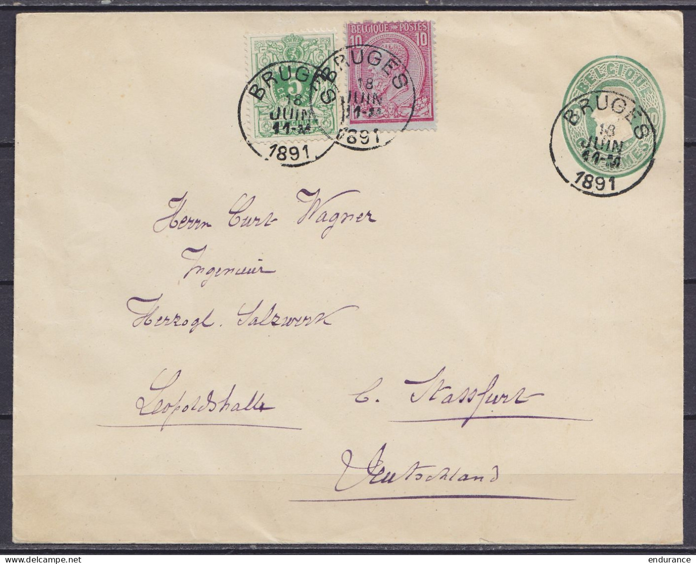 EP Lettre 10c Vert Oval + N°46+45 Càd BRUGES /18 JUIN 1891 Pour LEOPOLDSHALLE B. STASSFURT (au Dos: Càd Arrivée STASSFUR - Omslagen