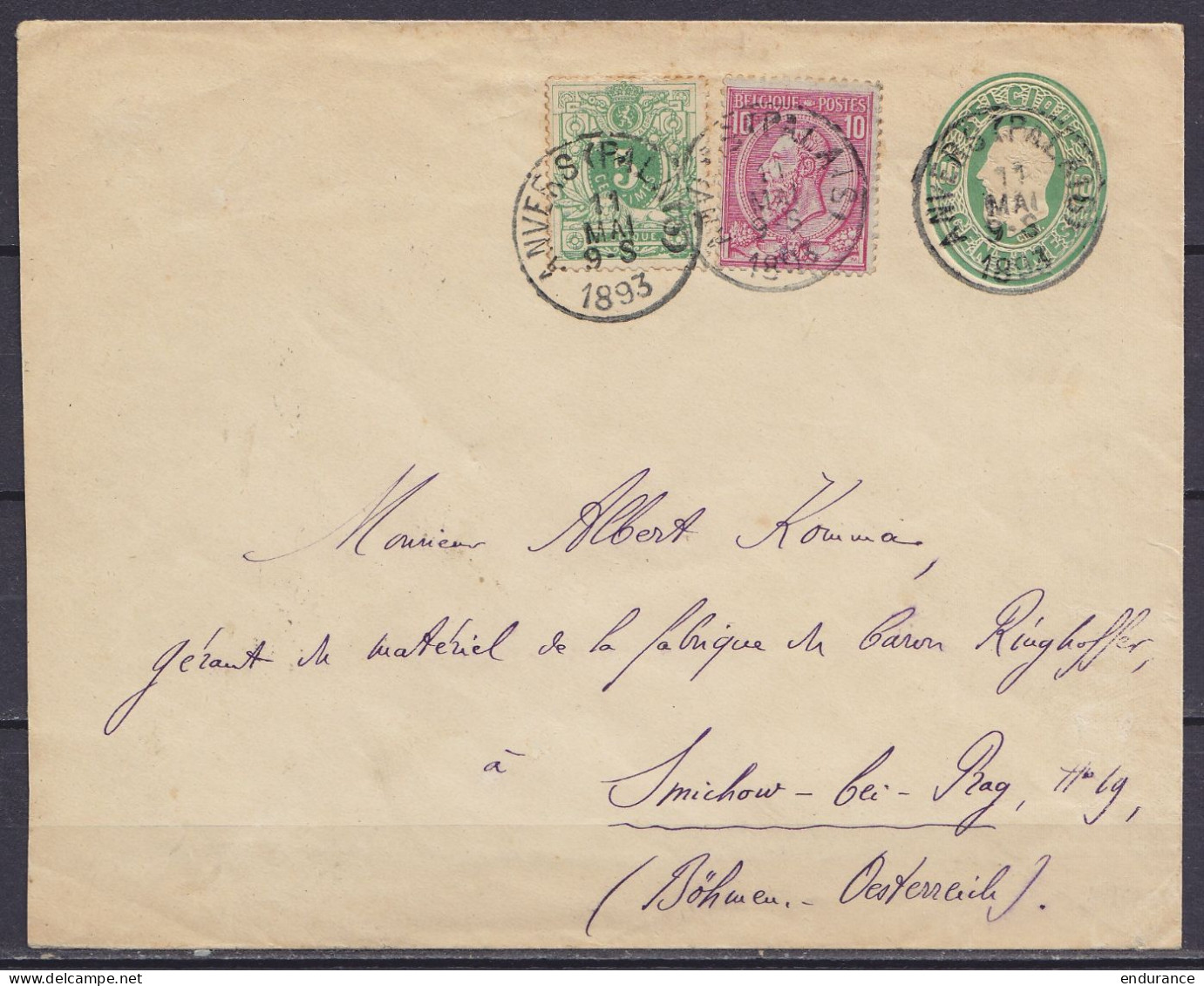 EP Lettre 10c Vert Oval + N°46+45 Càd ANVERS (PALAIS) /11 MAI 1893 Pour SMICHOW-bei-PRAG (Böhmen - Oesterreich) (au Dos: - Enveloppes